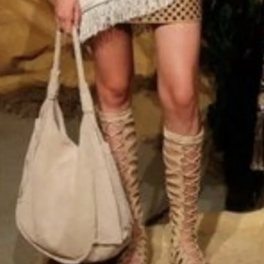 Alice & Olivia Ivory Suede Lace Up Tall Sandals Size 38 - Picture 3 of 9